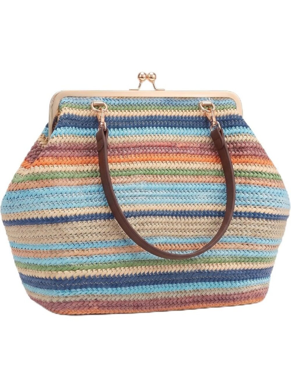 Large Woven Kiss-Lock Handbag for Women | Retro Top Handle Tote & Shoulder Bag